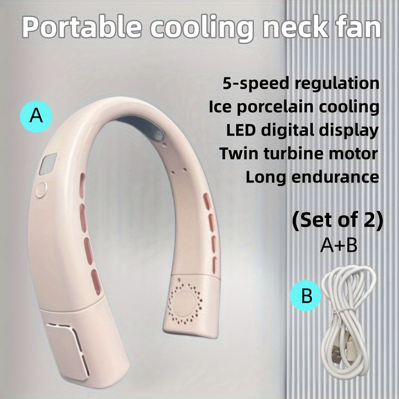 Portable Neck Fan with Ice Porcelain, 5-Speed LED, USB-C Charging