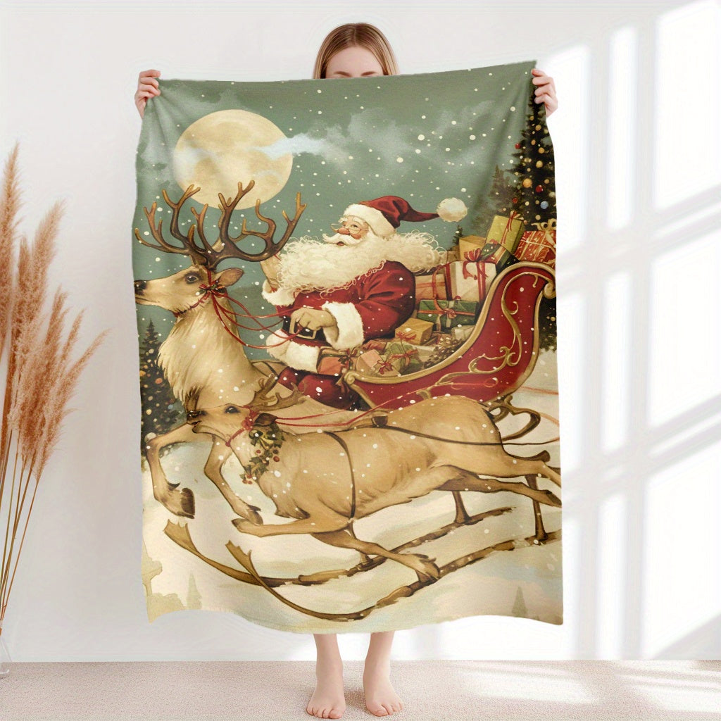 Christmas Santa Claus Flannel Throw Blanket Soft Knitted Polyester Warm Cozy for Home Office Travel