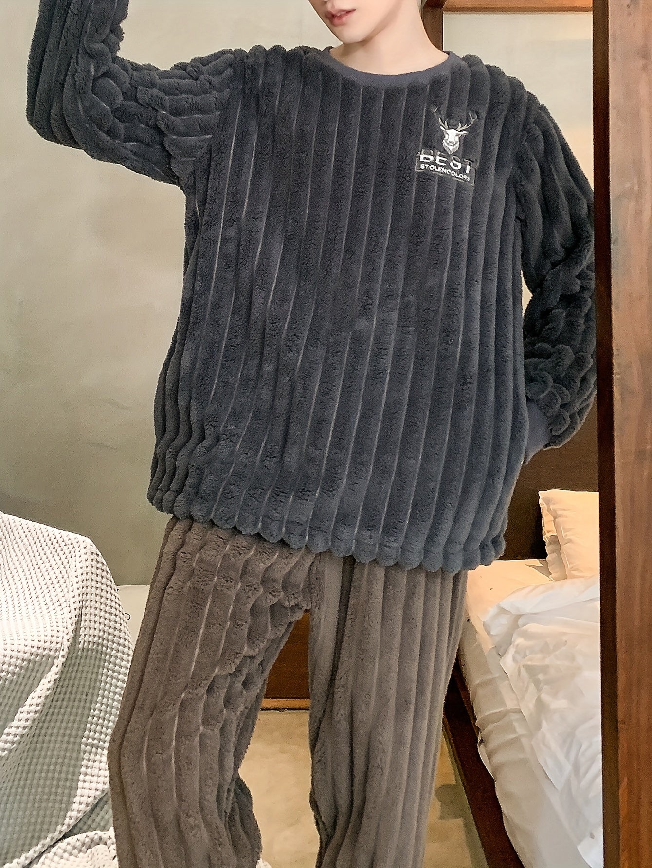 Conjunto de pijama de felpa para hombre con capucha, manga larga, color sólido, otoño e invierno, casual
