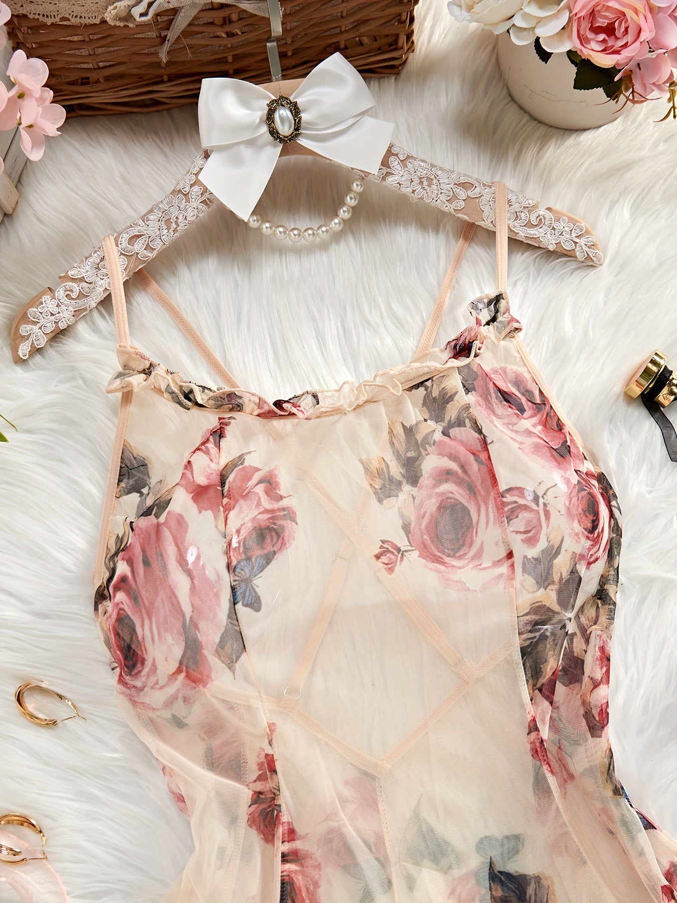 Women's Floral Print Nightdress with V-Neck Ruffled Hem All-Season Slip