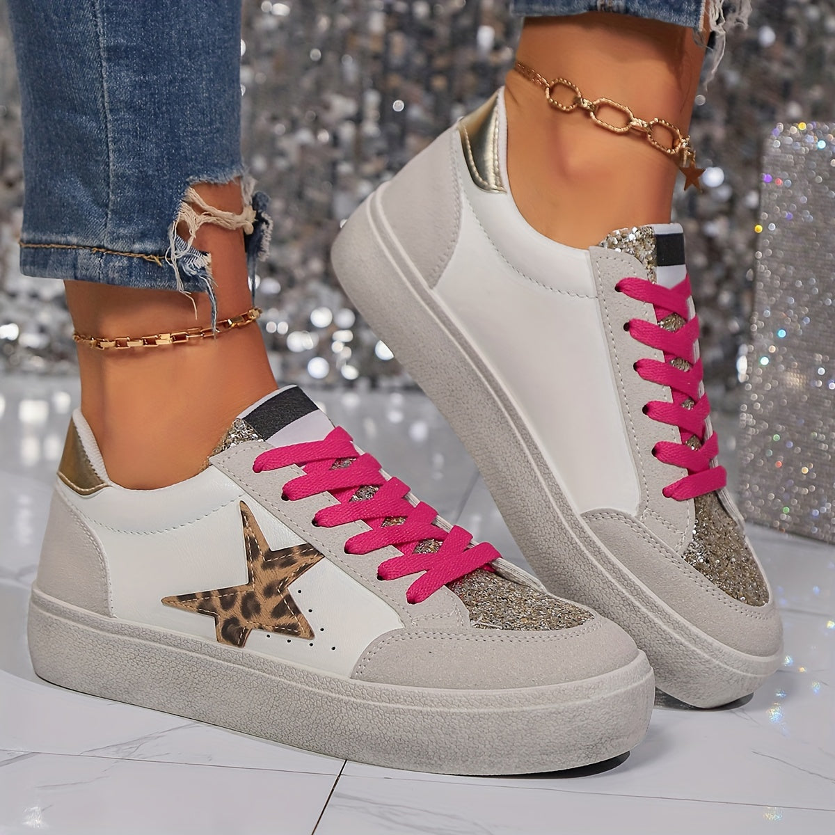 Women's Low-Top Sneakers Lace-Up Glitter Sequin Leopard Casual Shoes