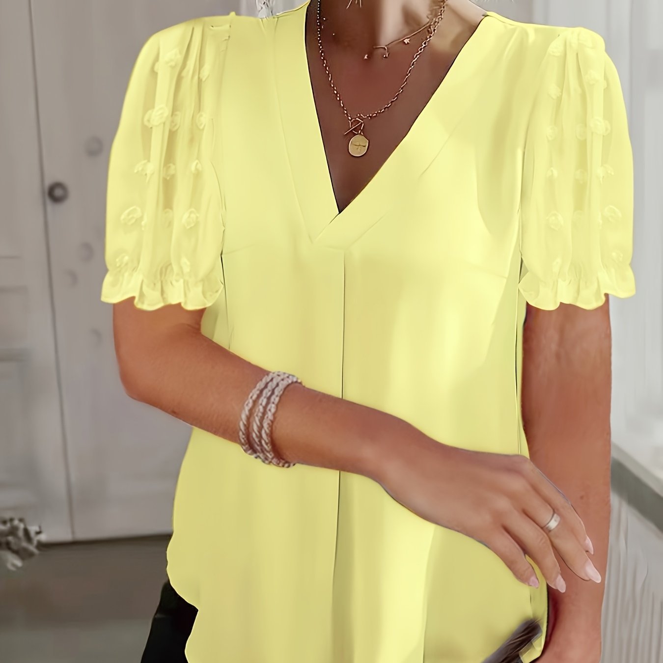 Women's Swiss Dot Mesh V-Neck Blouse Short Sleeve Lace Trim Summer White