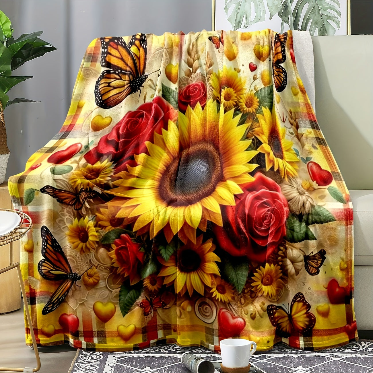 Reversible Sunflower and Butterfly Print Flannel Fleece Throw Blanket for All Seasons