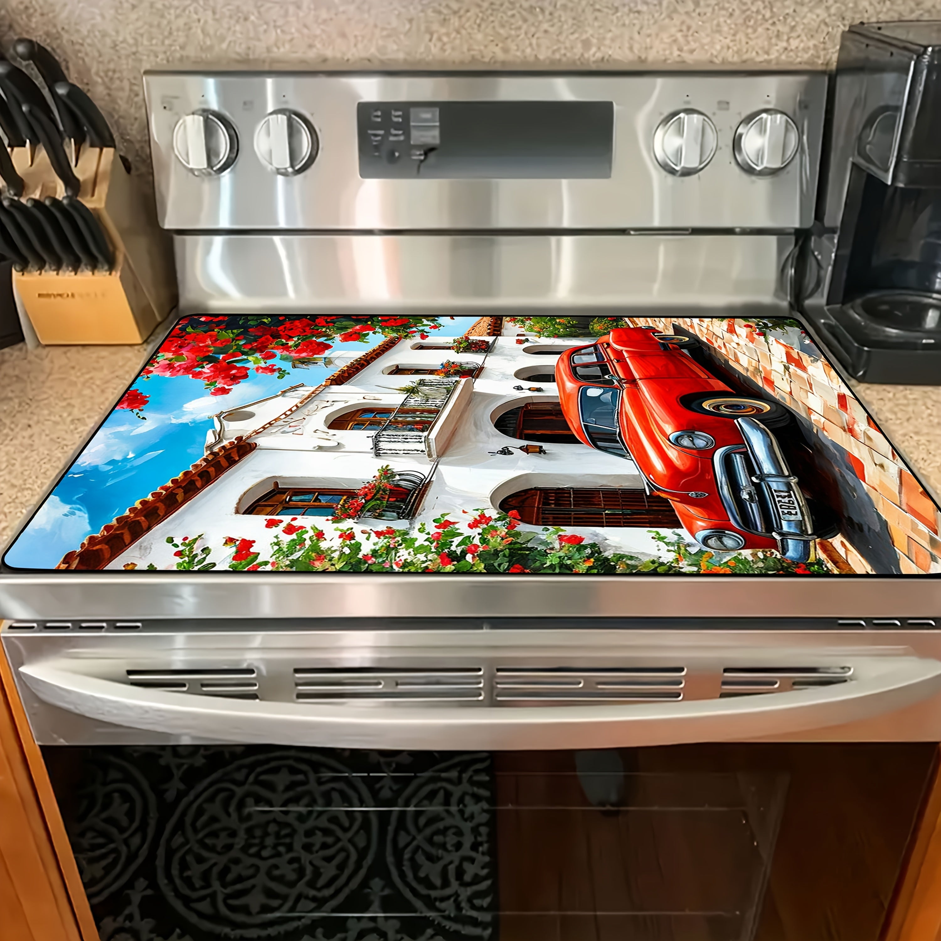 Vintage Red Car and European Scenery Kitchen Mat 72cm x 52cm Heat-Resistant Rubber Protector