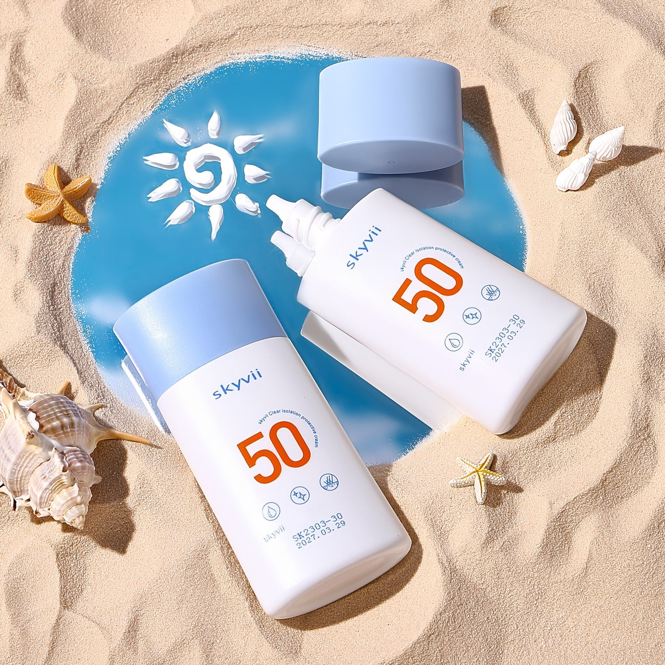 SPF50+ quyoshdan himoya kremlari, kundalik himoya uchun namlantiruvchi izolyatsiya bilan. Yog'siz, mat finish, engil krem tuzilishi bilan primer asos.