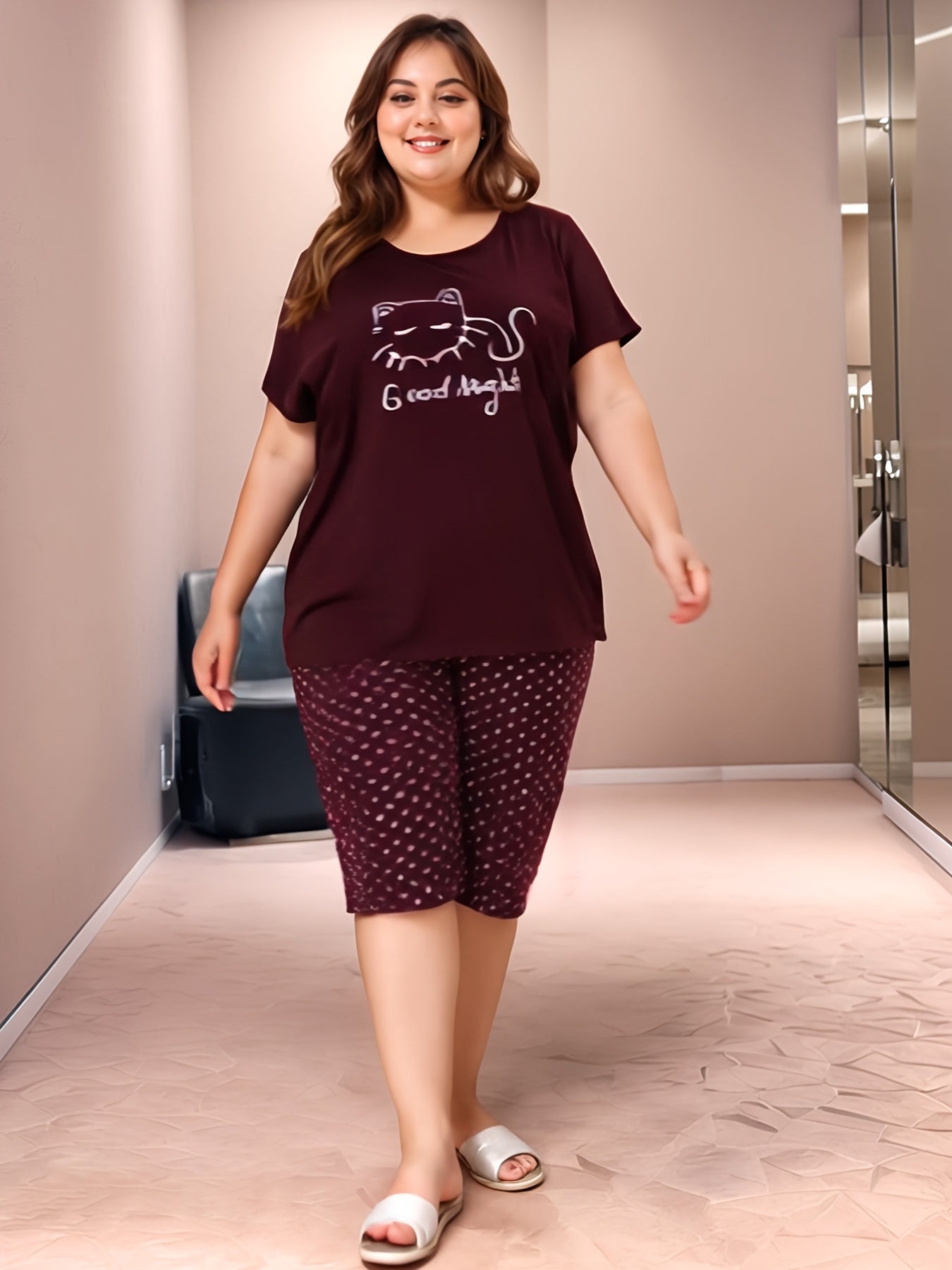 Women Casual Short Sleeve Pajama Set Large Size