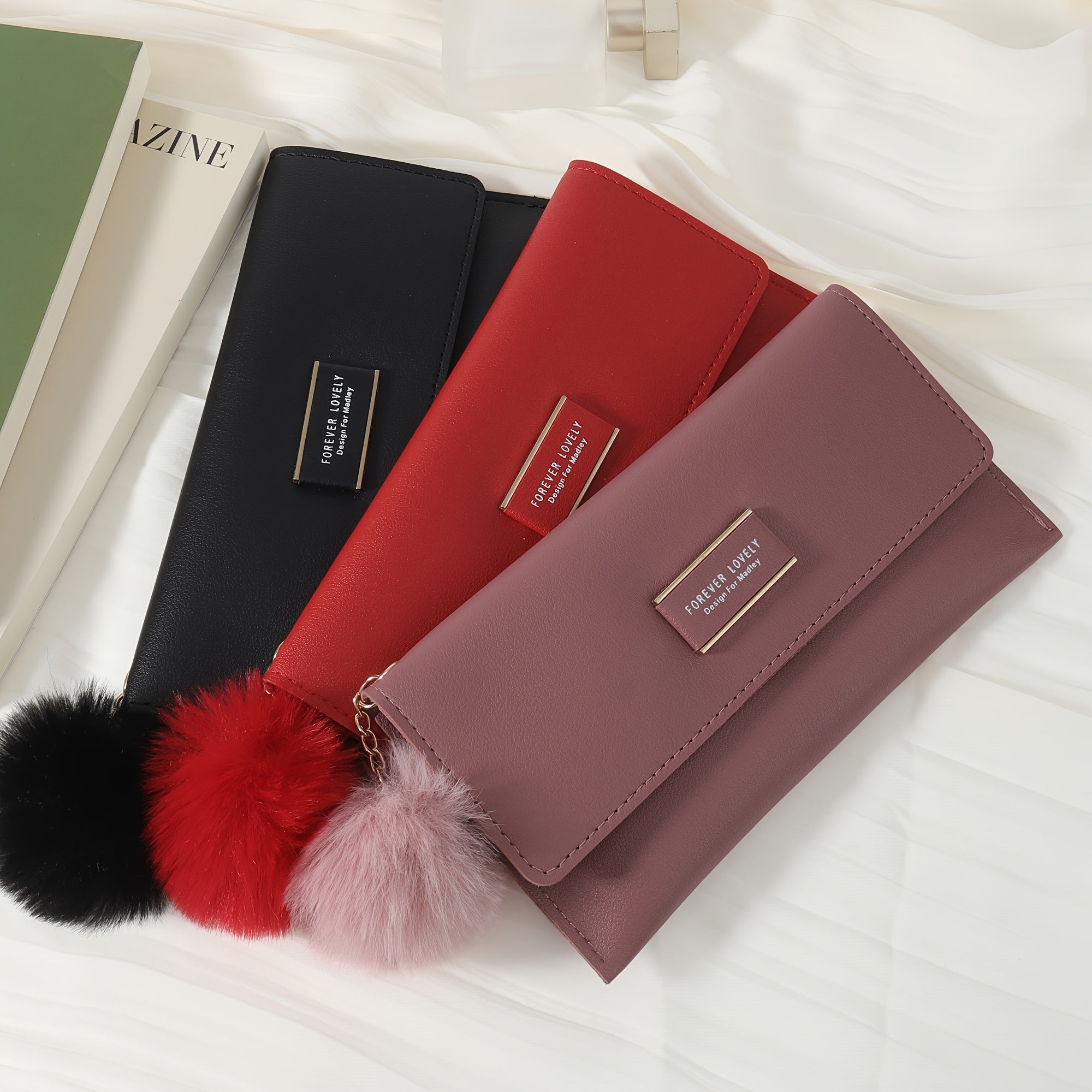 Women's Foldable PU Wallet with Fur Ball Decoration and Card Slots