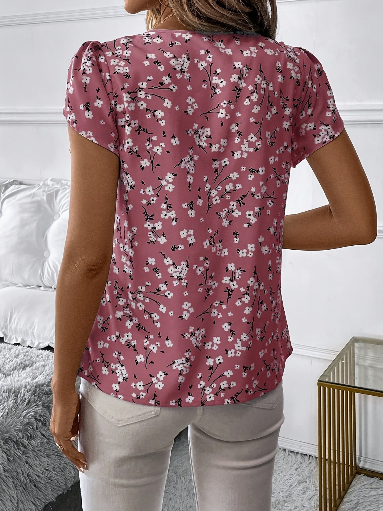 Plus Size Women's Floral Print Ruffled Blouse Casual Summer Shirts