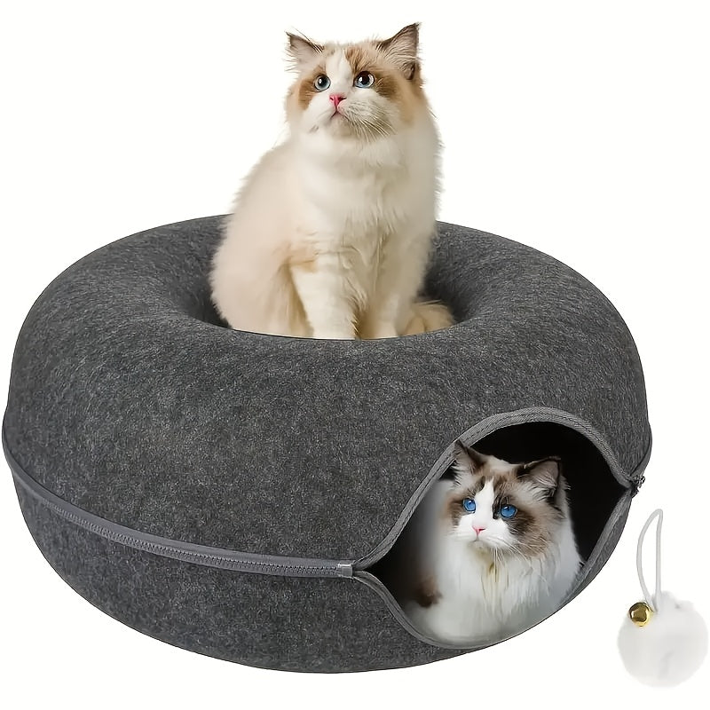Donut-Shaped Cat Bed with Felt Tunnel and Canvas House for Small to Medium Cats Ferrets and Rabbits