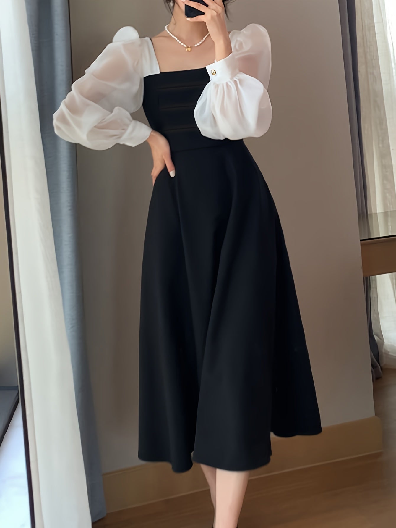 Black Organza A-Line Dress for Women with Long Sleeves and Square Neckline