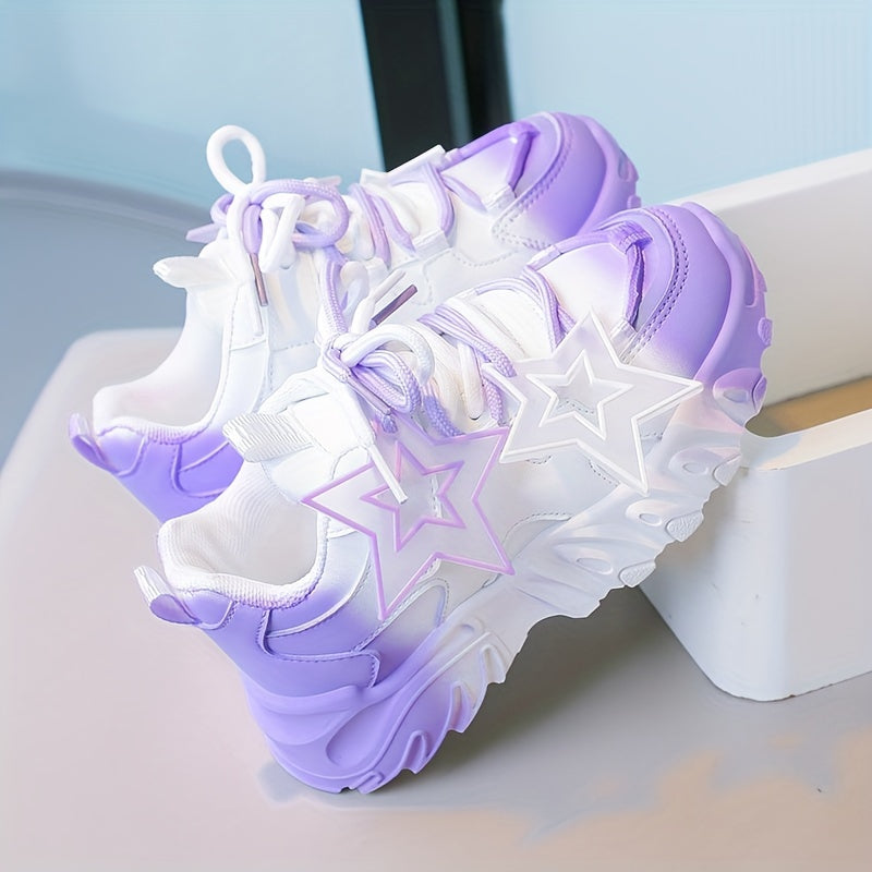 Girls Chunky Sneakers Pink White Gradient Star Pattern Casual Sports Outdoor Shoes