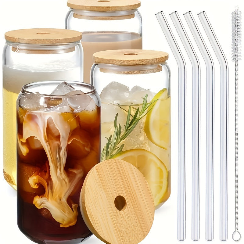 Glass Cup for Iced Coffee Beer Tea Juice with Lid Straw and Brush in Various Sizes