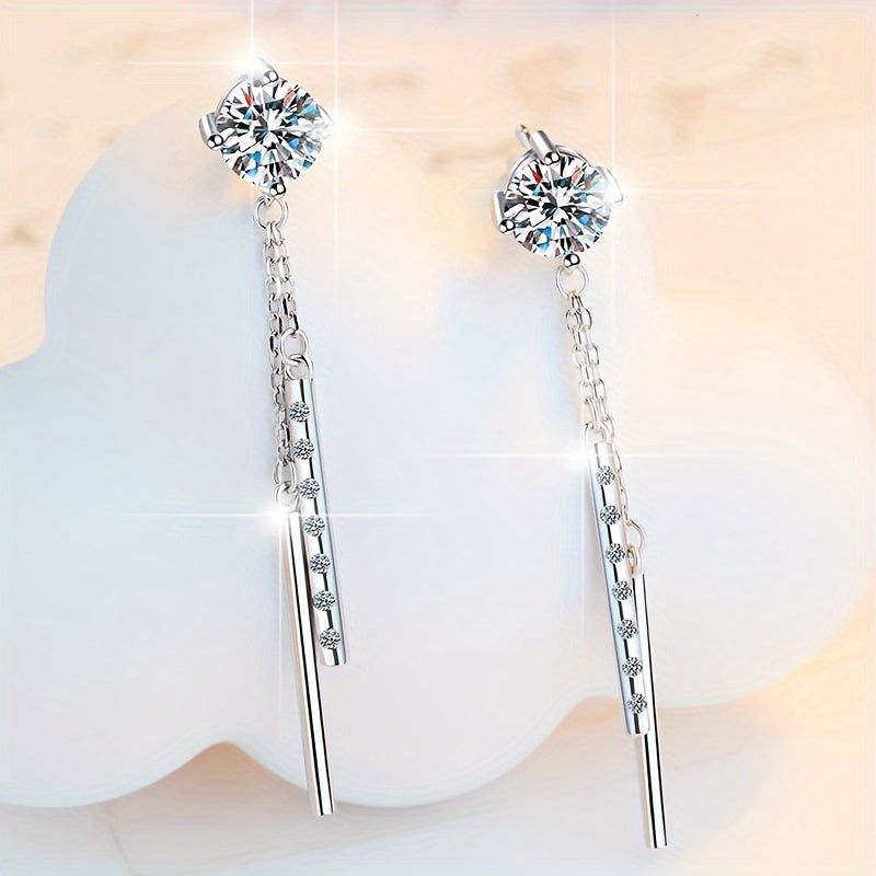 Women's Silver Tassel Earrings with Moissanite 1ct 2pcs Long Ear Wire Jewelry