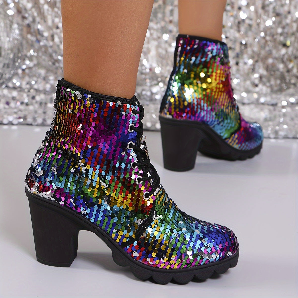 Women's Ankle Boots Sequin Lace-Up Chunky Heel Winter Shoes