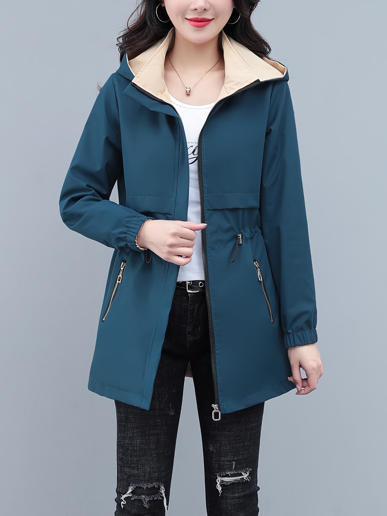 Women's Polyester Long Sleeve Hooded Windbreaker Jacket with Drawstring Waist for Spring and Fall