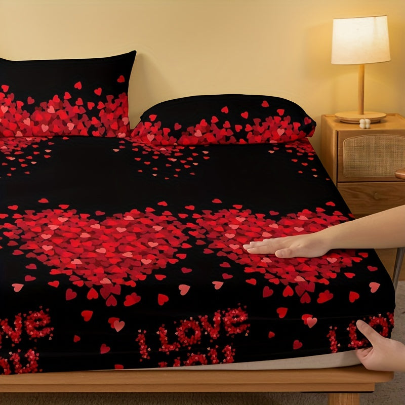 Soft Fitted Sheet with Love Print Deep Pockets 1 Piece Bed Cover