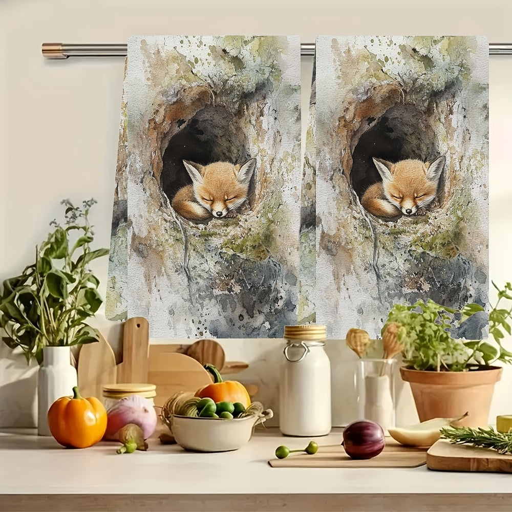 Two Pieces Kitchen Towels Ultra Soft Absorbent 16x24 Inches Baby Fox Design