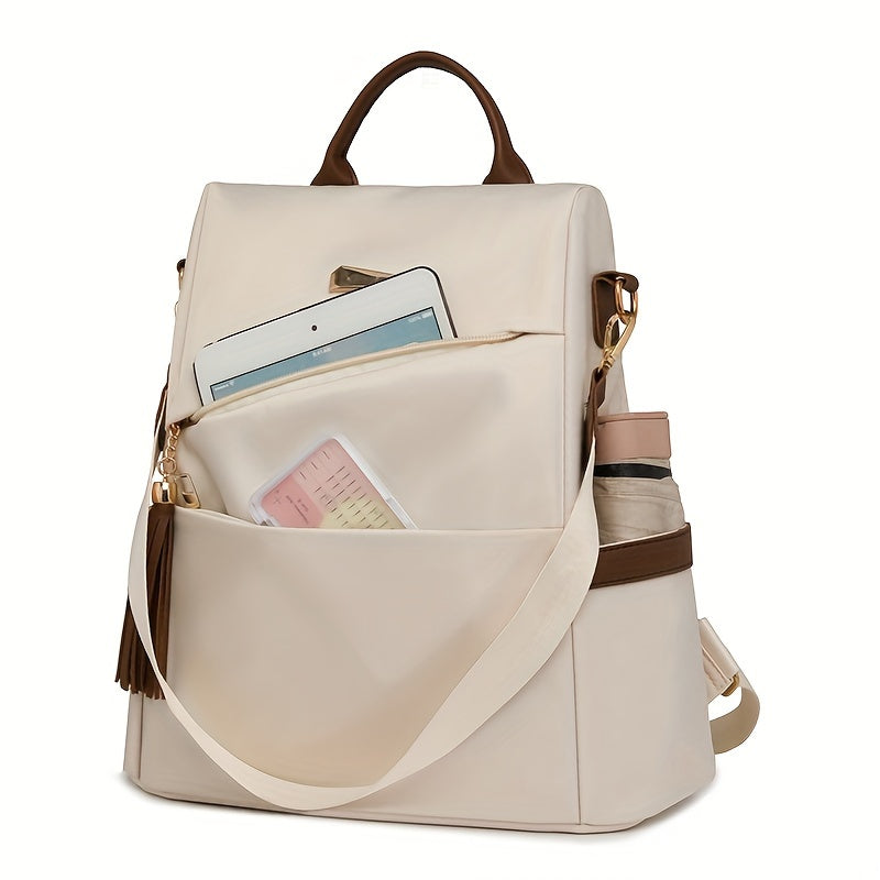 Women's Nylon Anti-Theft Backpack Purse in White and Brown with Adjustable Straps and Large Capacity