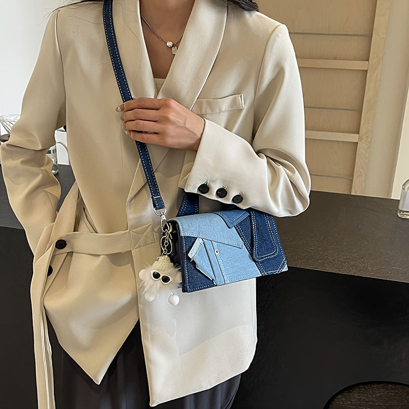 Women's Denim-Inspired Crossbody Bag with Magnetic Closure and Machine Washable Material in Royal Blue and Black