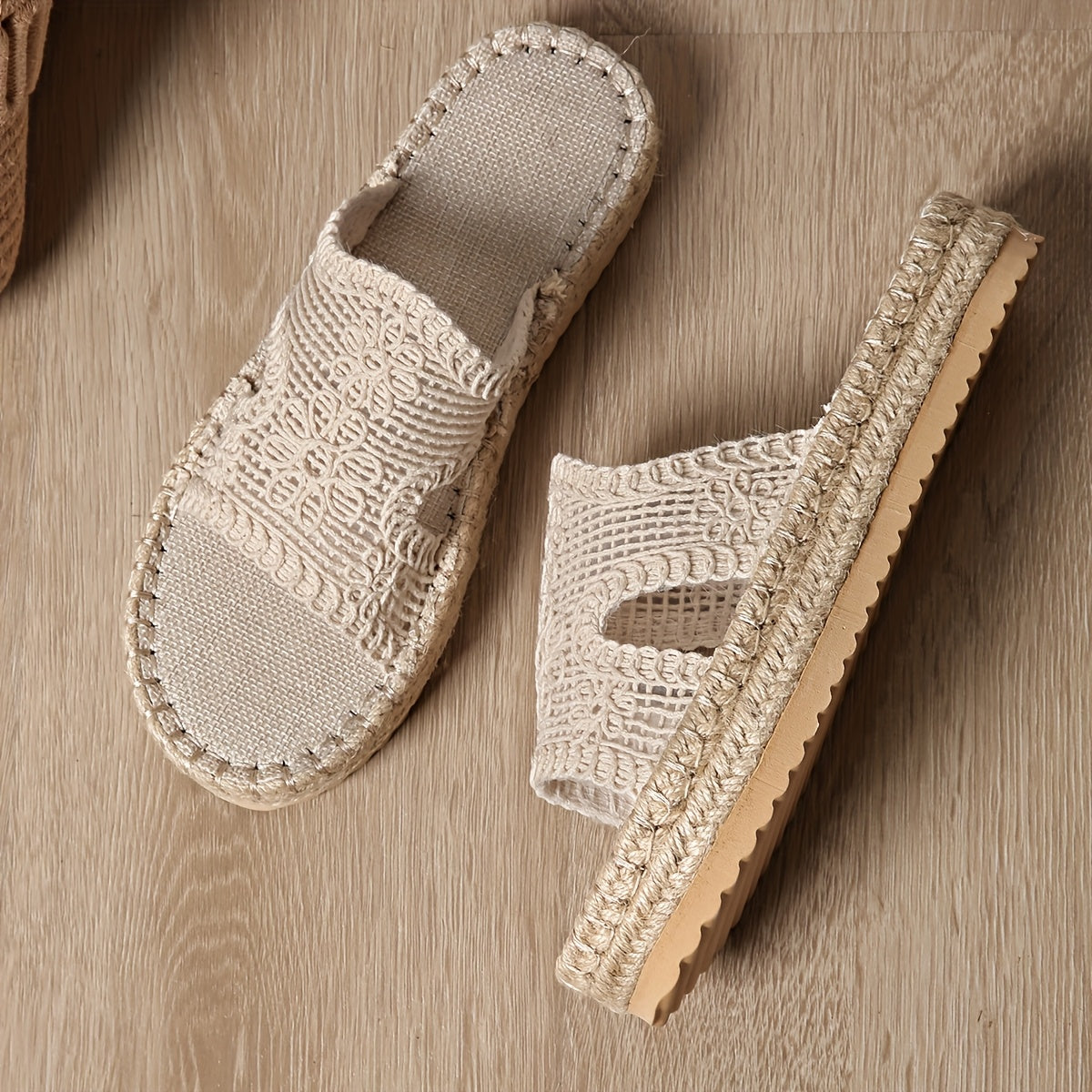 Women Bohemian Espadrille Slide Sandals Beige Fabric Open Toe Slip-On