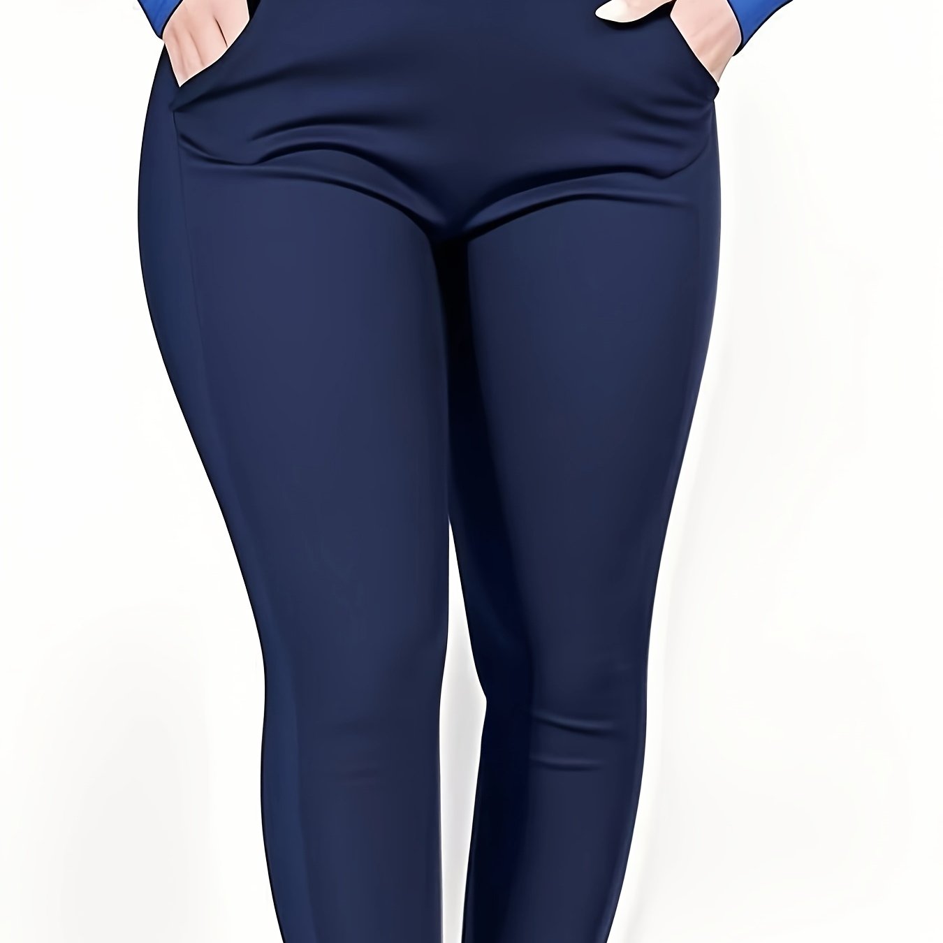 Plus Size Women's High-Waist Stretch Pants with Pockets Blue Casual Workout