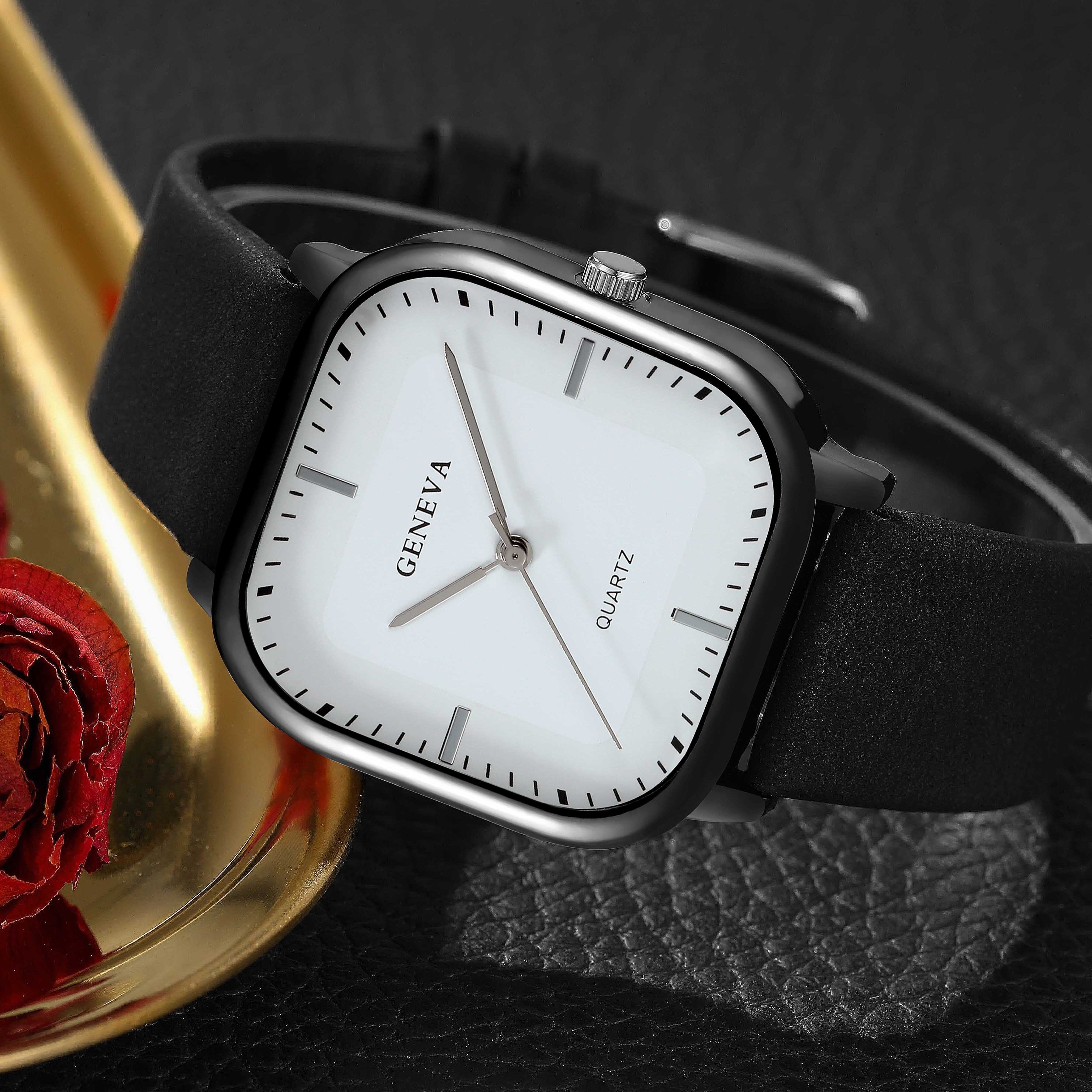 3 ta ayollar soati to'plami, oddiy bir rang, nafis biznes tasodifiy dizayn, kvadrat qopqoq, PU charm kamar, qotishma tanasi, kvarts harakati va simsiz emas.