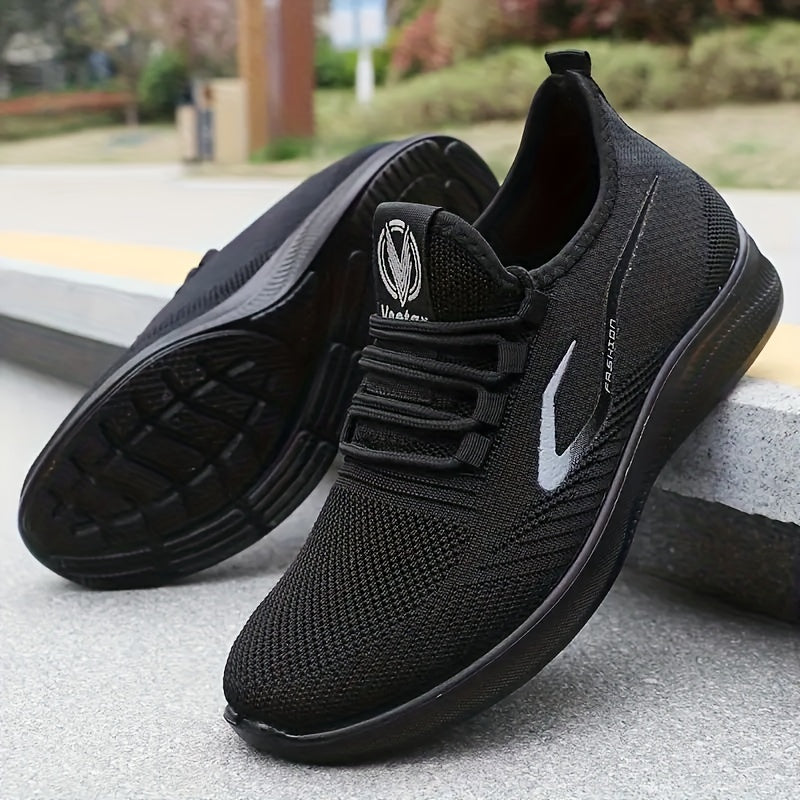 Men's Black Athletic Sneakers with White Accents Breathable Mesh Low Top Casual Gym