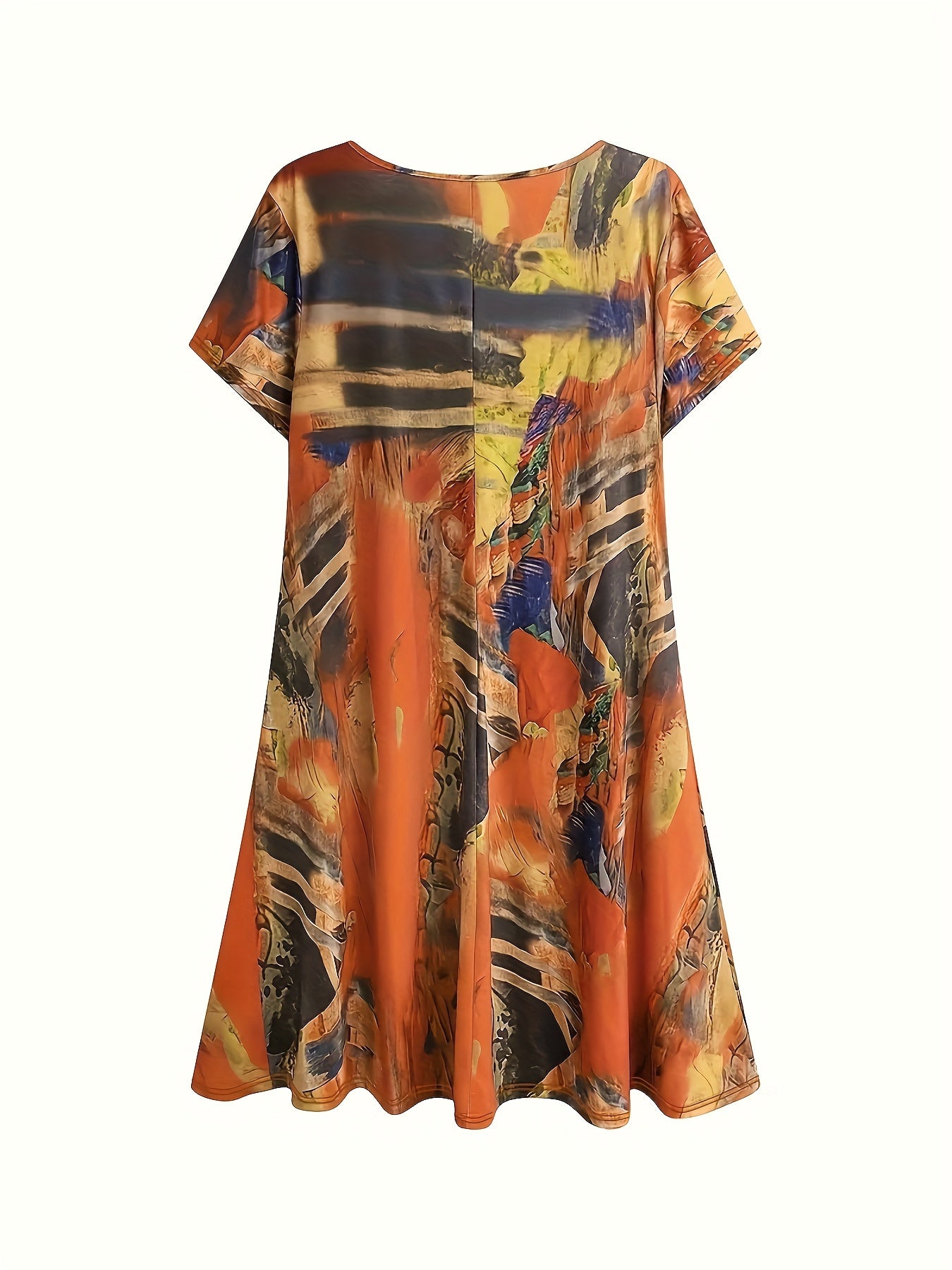 Women's Plus Size V-Neck Dress with All-Over Print Polyester Knit Fabric