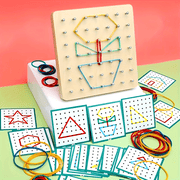 Educational Wooden Geometric Board Set for Kids Ages 3-6 with Pattern Cards and Rubber Bands