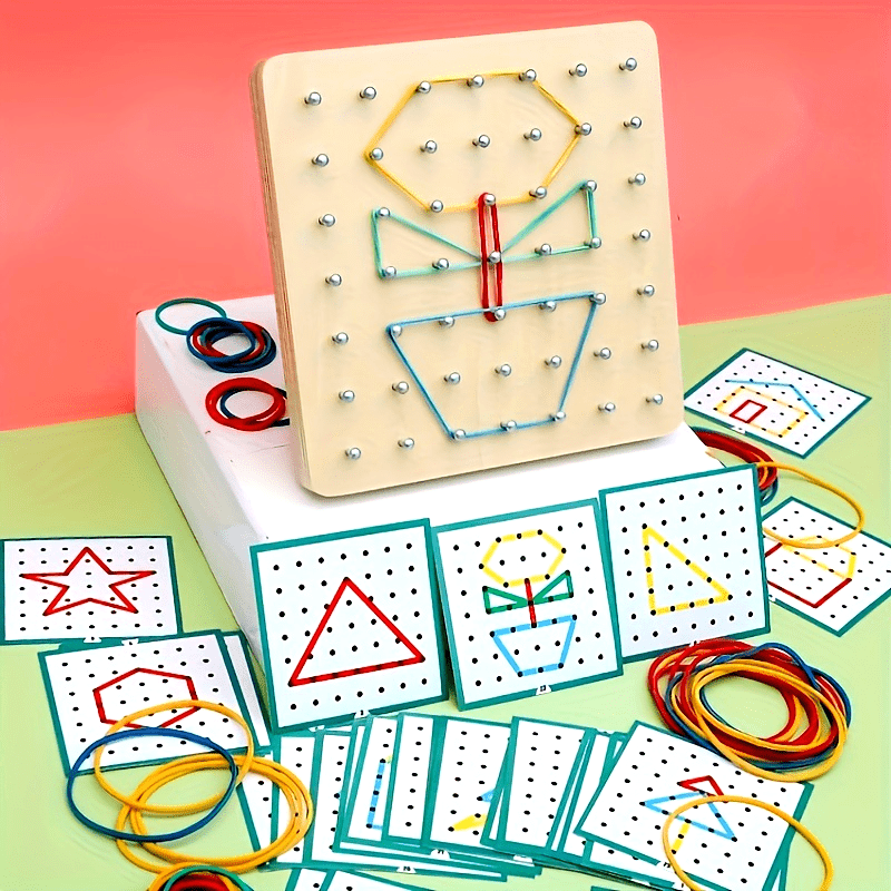 Educational Wooden Geometric Board Set for Kids Ages 3-6 with Pattern Cards and Rubber Bands