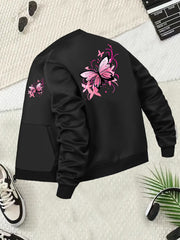 Plus Size Women's Floral Print Baseball Collar Jacket Long Sleeve Zip-Up Coat