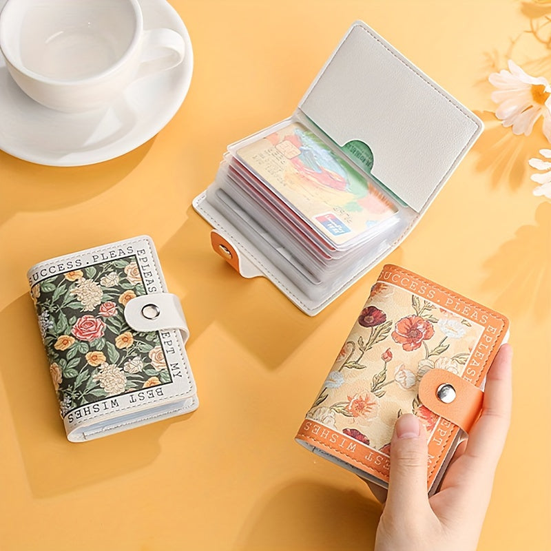 Sintetik charmli ayollar uchun hamyon, bir nechta karta joylari, tugmachali yopilish va yorqin atirgul dizayni bilan.