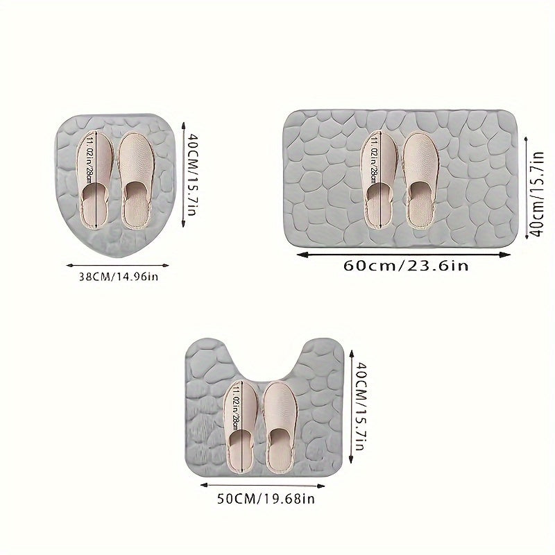 Set of 3 Ultra Absorbent Non-Slip Bath Mats with Sponge Stone Pattern, Large and Toilet Mat