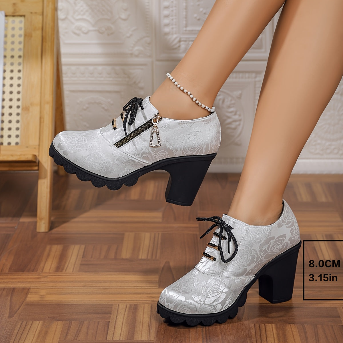 Women's Black Floral Lace-Up Pumps with Rhinestones and Chunky Heel