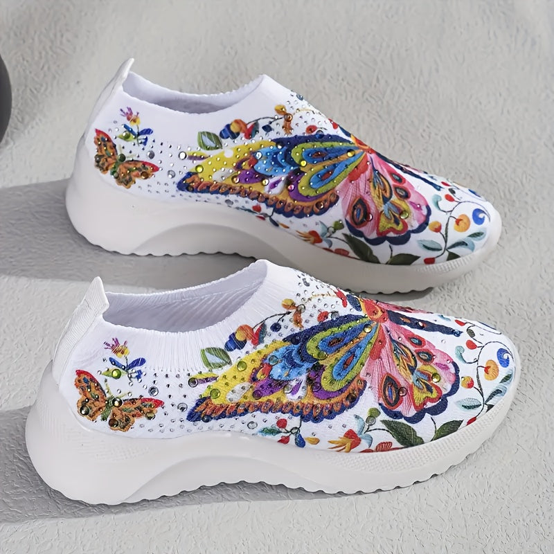 Plus-Size Women's Butterfly Slip-On Sneakers Lightweight Breathable Rhinestone