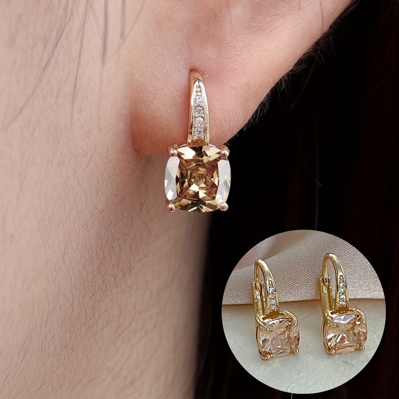 Ayollar uchun kvadrat shaklidagi kubik zirkoniy stud uzuklar, 18K oltin bilan qoplangan mis, moda zargarlik buyumlari