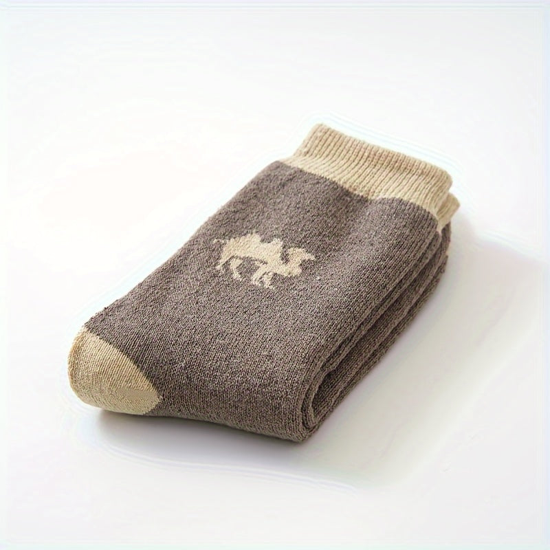 Men's Thermal Crew Socks 5 Pairs Cotton Blend Camel Pattern Warm Comfortable
