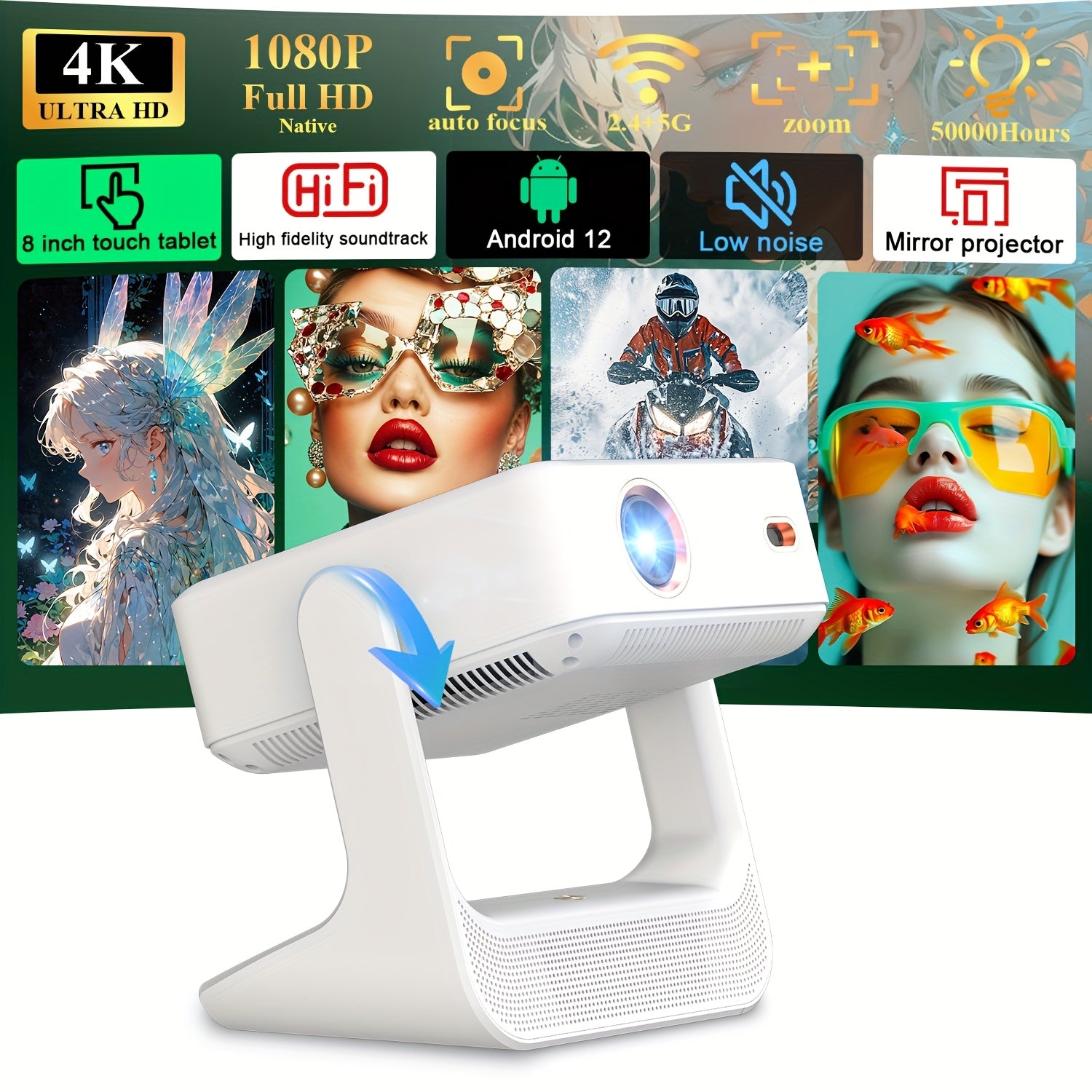 HD Video Projector 4K Support, Android 12, WiFi 6, 8-Inch Touch Screen