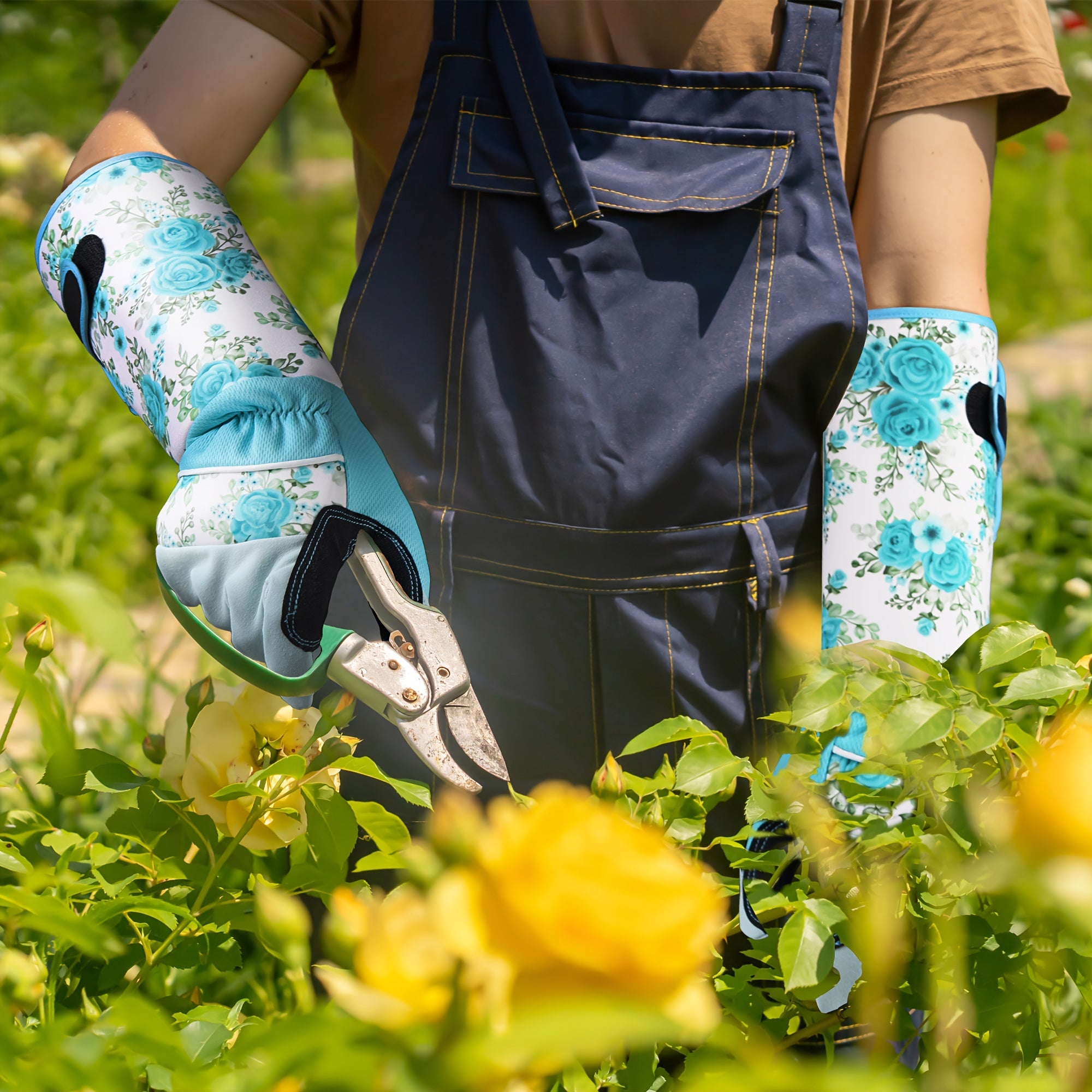Guantes largos de jardinería para mujer, poliéster, a prueba de espinas, transpirables, con estampado floral azul