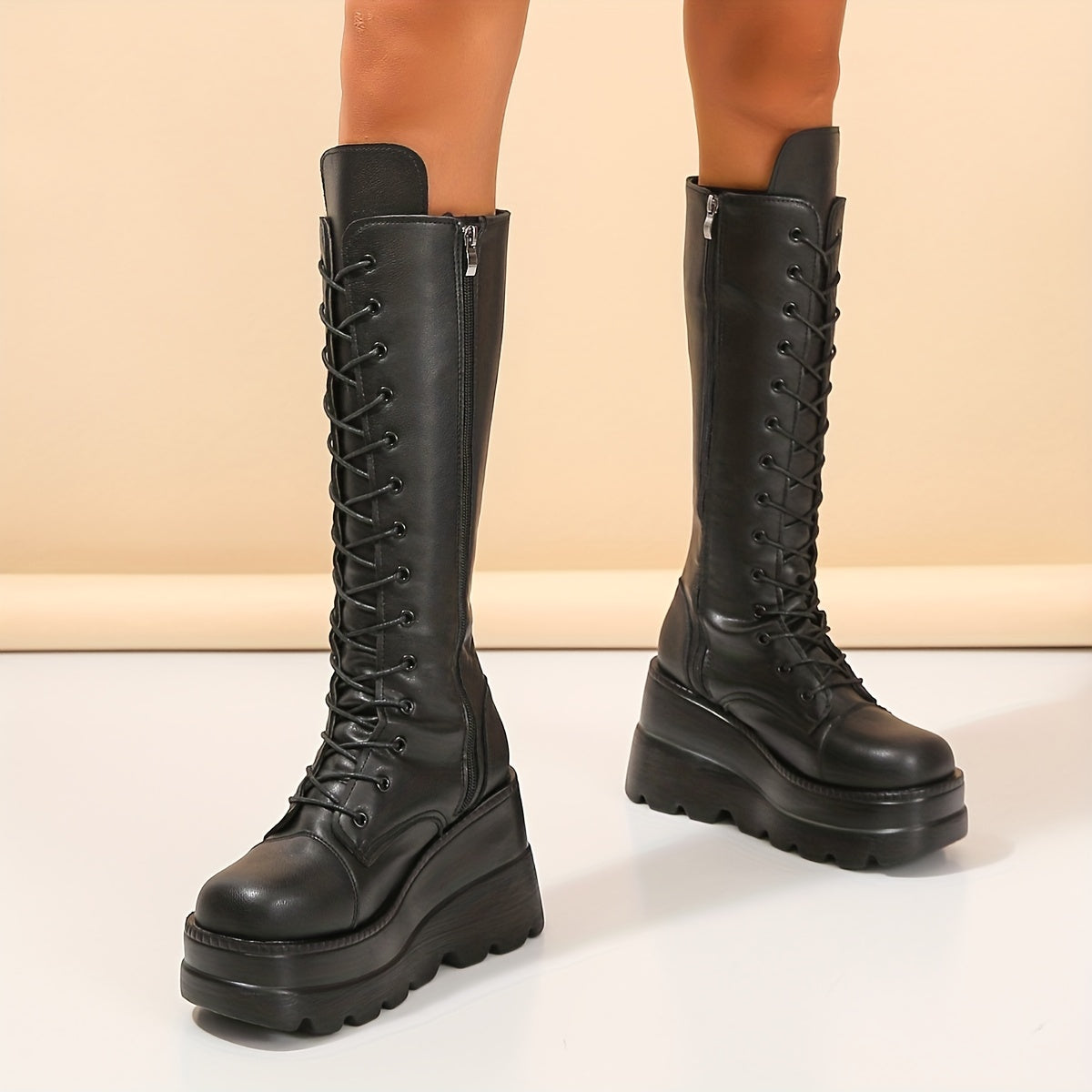 Women's Faux Leather Wedge Knee High Boots Lace Up Chunky Gothic