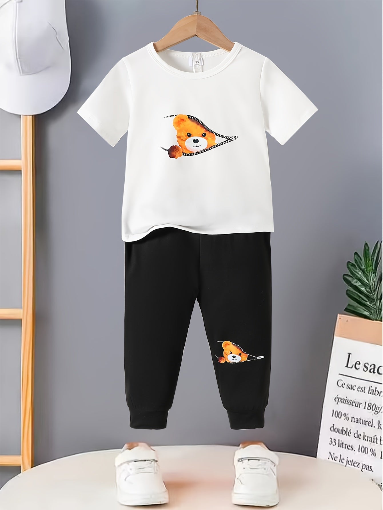 Kichkina O'g'il Bolalar T-shirt va shimlar to'plami Bahor yoz hayvonlari Teddy Bear bosma Polyester kundalik 12 va undan kichik