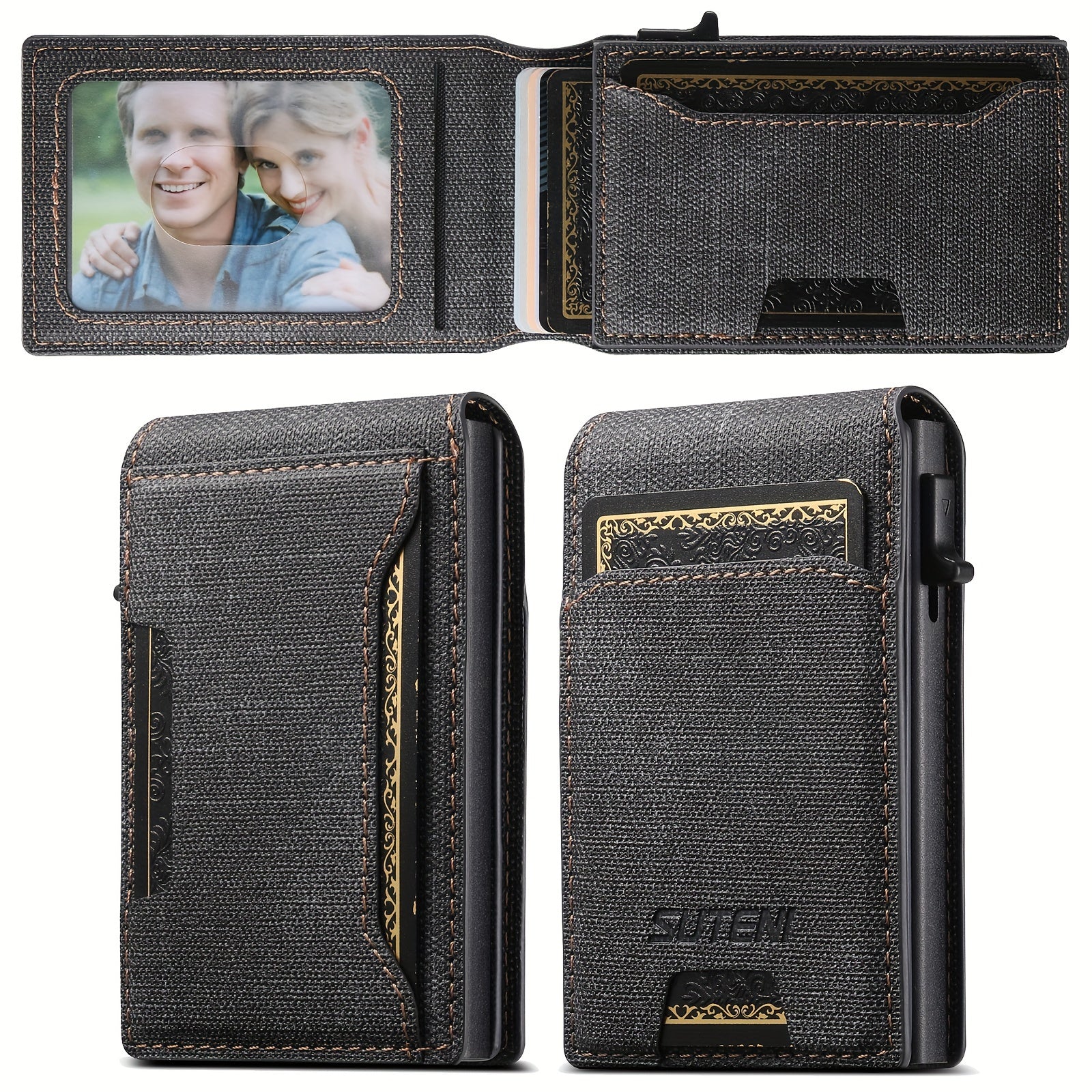 Men Women Bifold Wallet Leather Card Holder with Photo Slot in Black Brown Blue