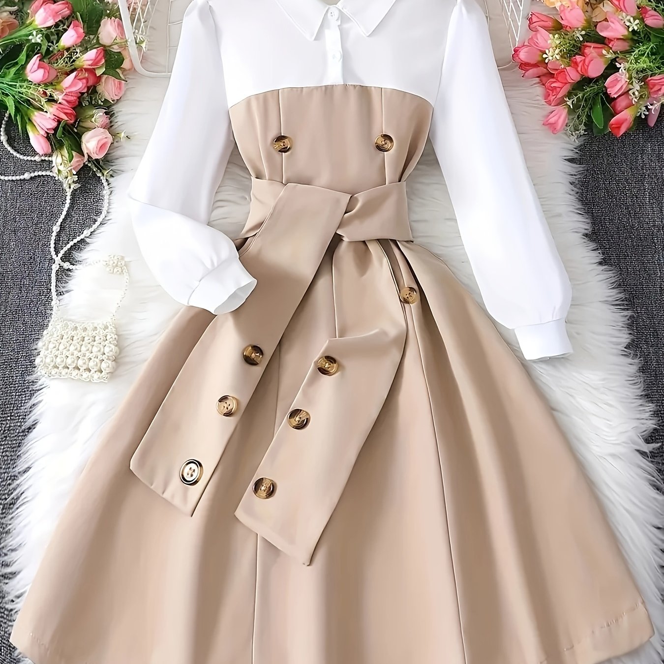 Girls' Black and White Color Block Dress with Belt and Button Details for School and Casual Wear