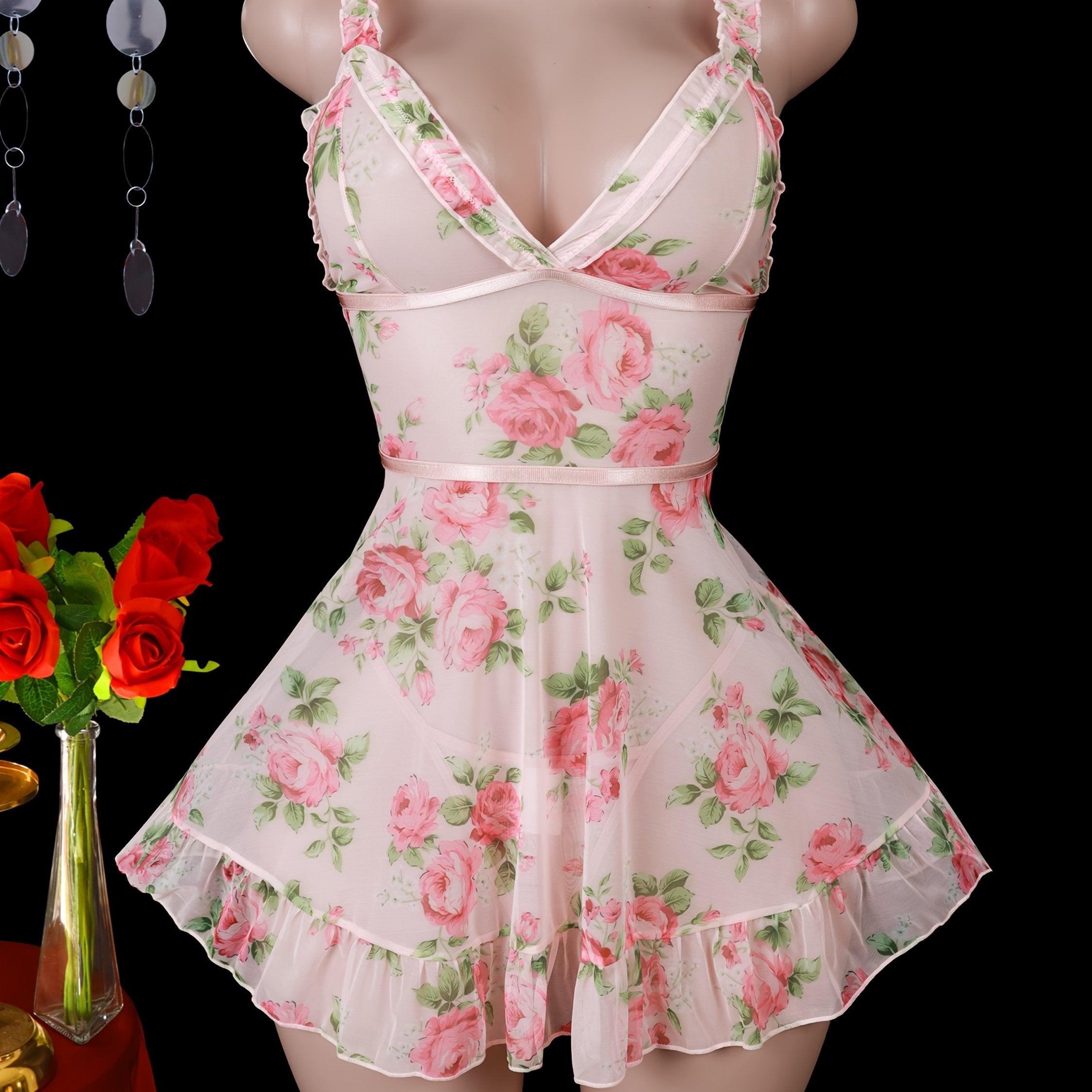 ayollar uchun nafis uyqu kiyimlari to'plami, bosma va thong yubkali, Sevgililar kuni uchun