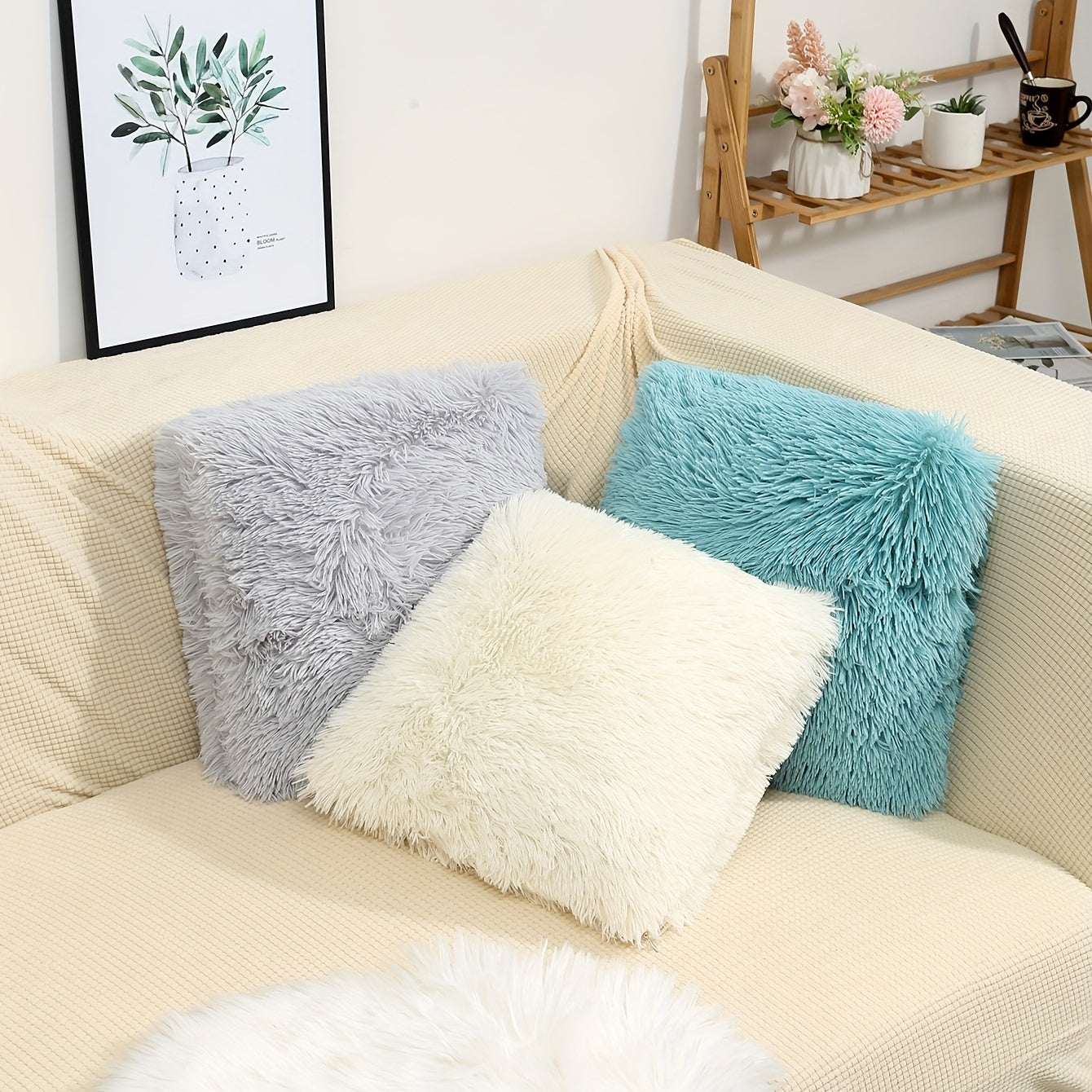 Bohemian Plush Throw Pillow Cover for Sofa or Bed Gray White Turquoise