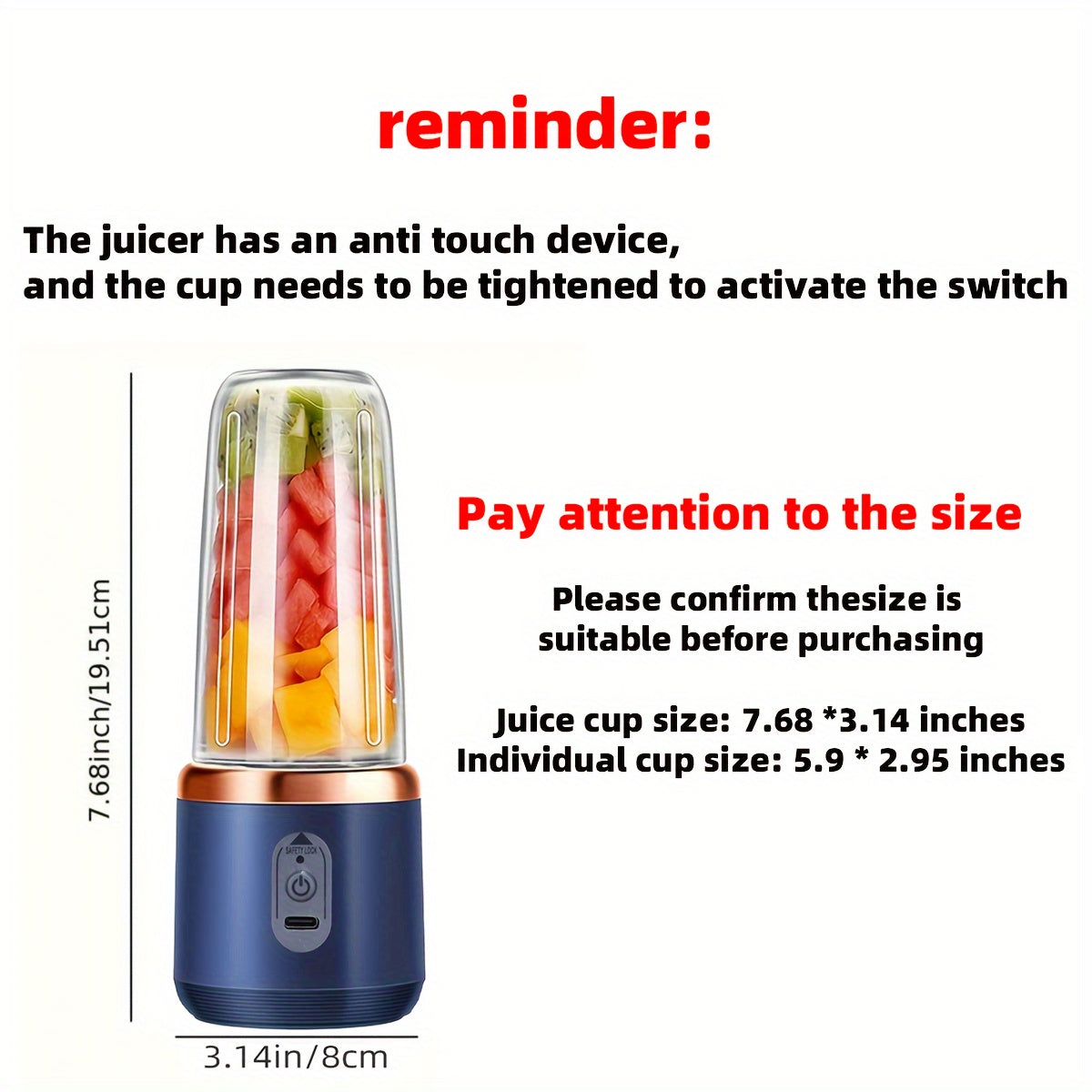 Portable Electric Juicer Blender Cup 400ml with 6-Blade Dual Cup USB-C Charging