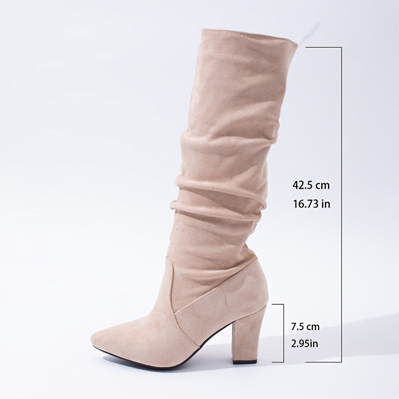 Women's Plus Size Chunky Heel Ankle Boots Beige Faux Leather Slip-On