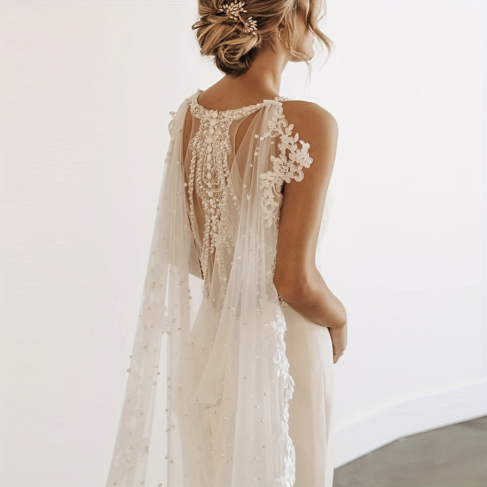 Lace Bridal Shawl Cape with Faux Pearl Decoration for Wedding Brides