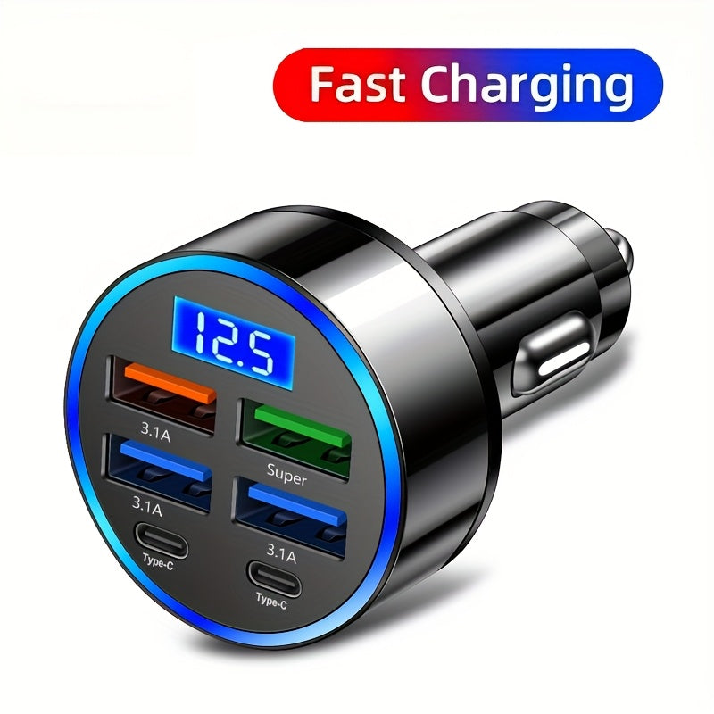 QC3.0+3.1A Dual-PD Avtomobil Zaryadlovchisi 12.5V Ko'rsatkich bilan - Oltita USB Portgacha, Mobil Qurilmalar uchun Super Tez Zaryadlash, Siqilgan va Zamonaviy Dizayn