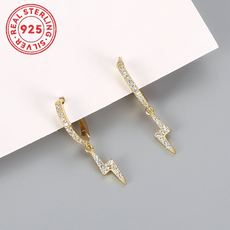 Sterling Silver Punk Earrings with Lightning Bolt Zirconia Pendants for Daily Wear